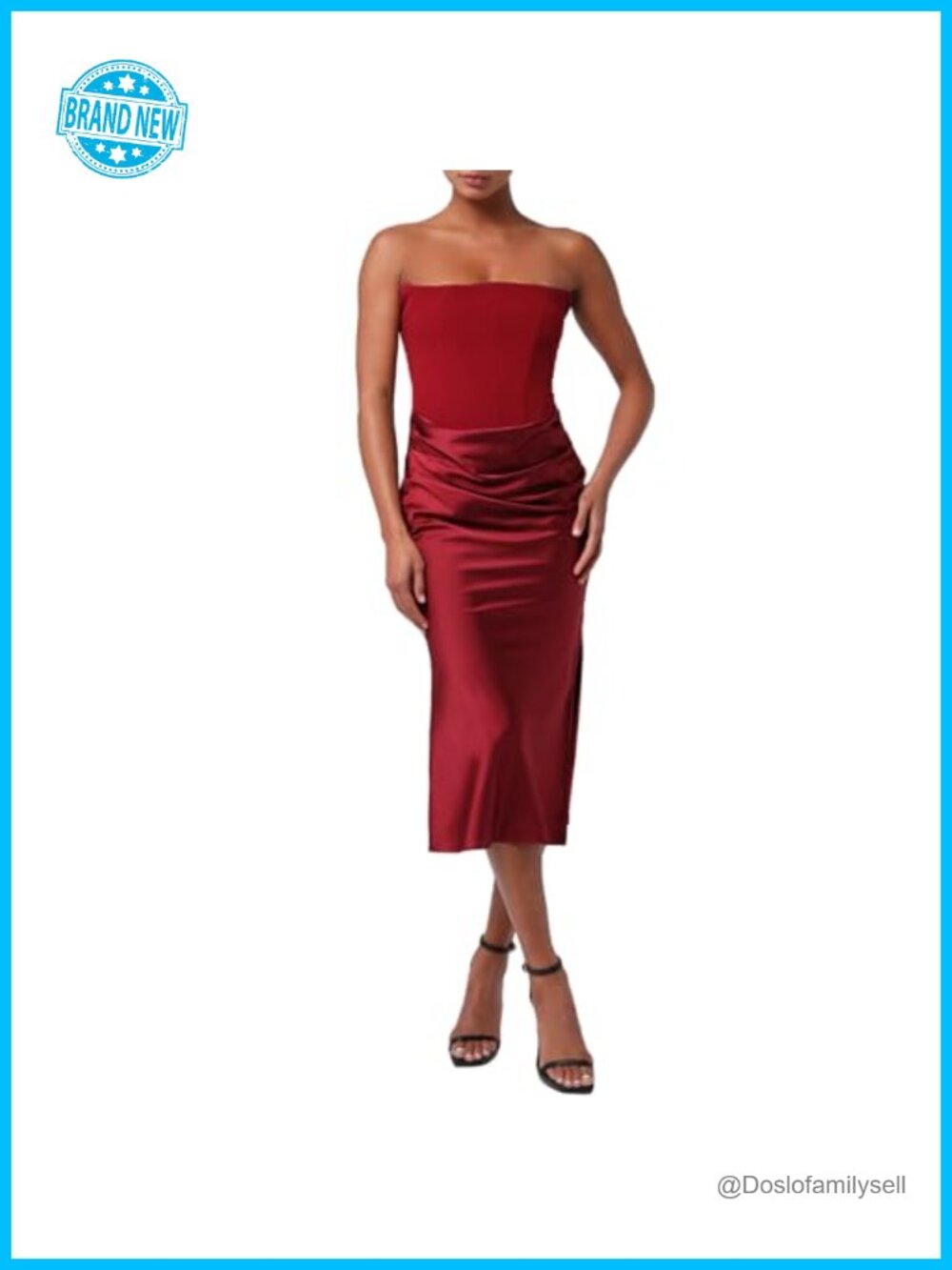 Satin Strapless Corset Midi Dress Drape Front Formal Cocktail